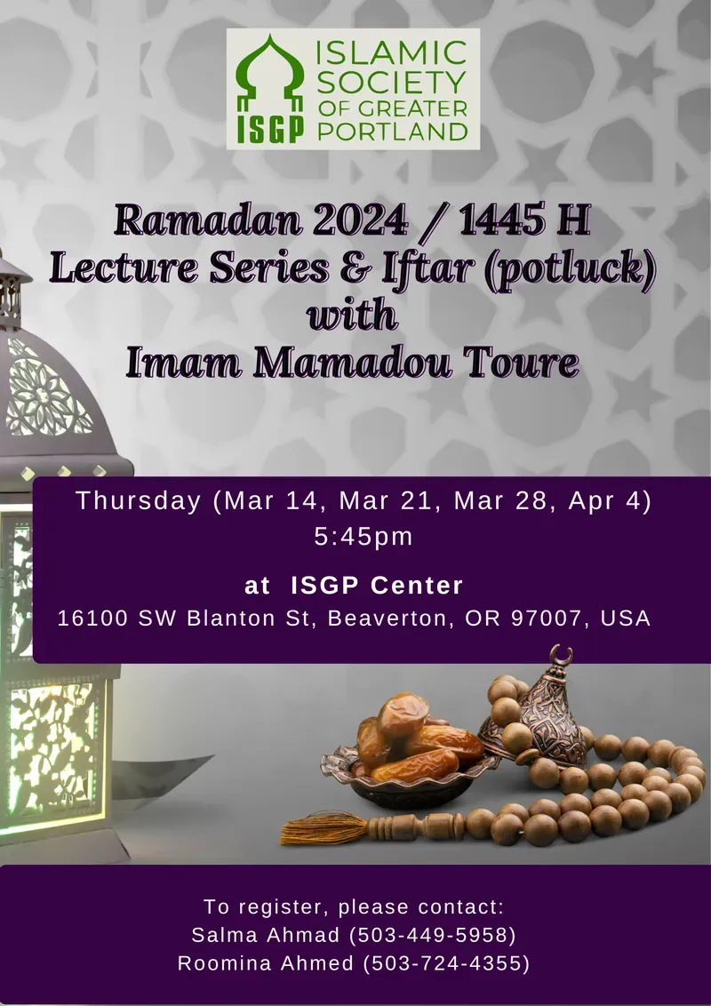 3 Lecture Series & Iftar (potluck) with Imam Mamadou Toure