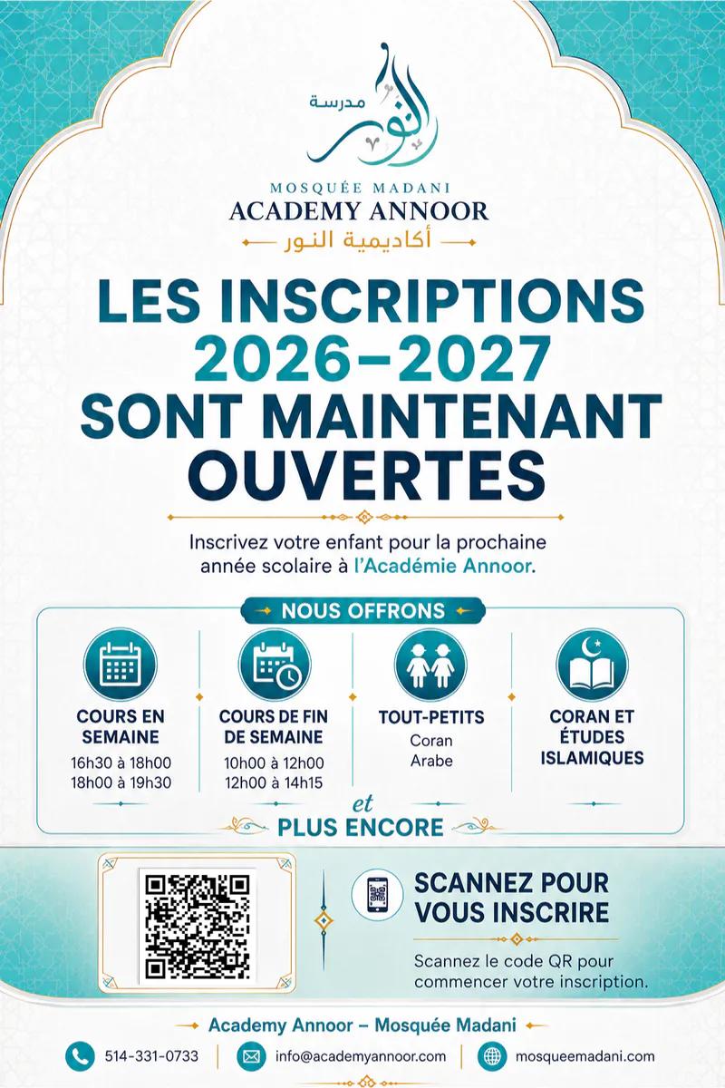 Registration Open for 2026-2027 Academy Annoor – Mosquée Madani