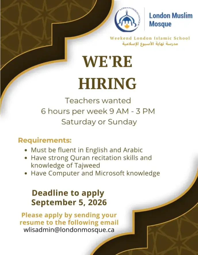 Weekend London Islamic School Teacher Hiring