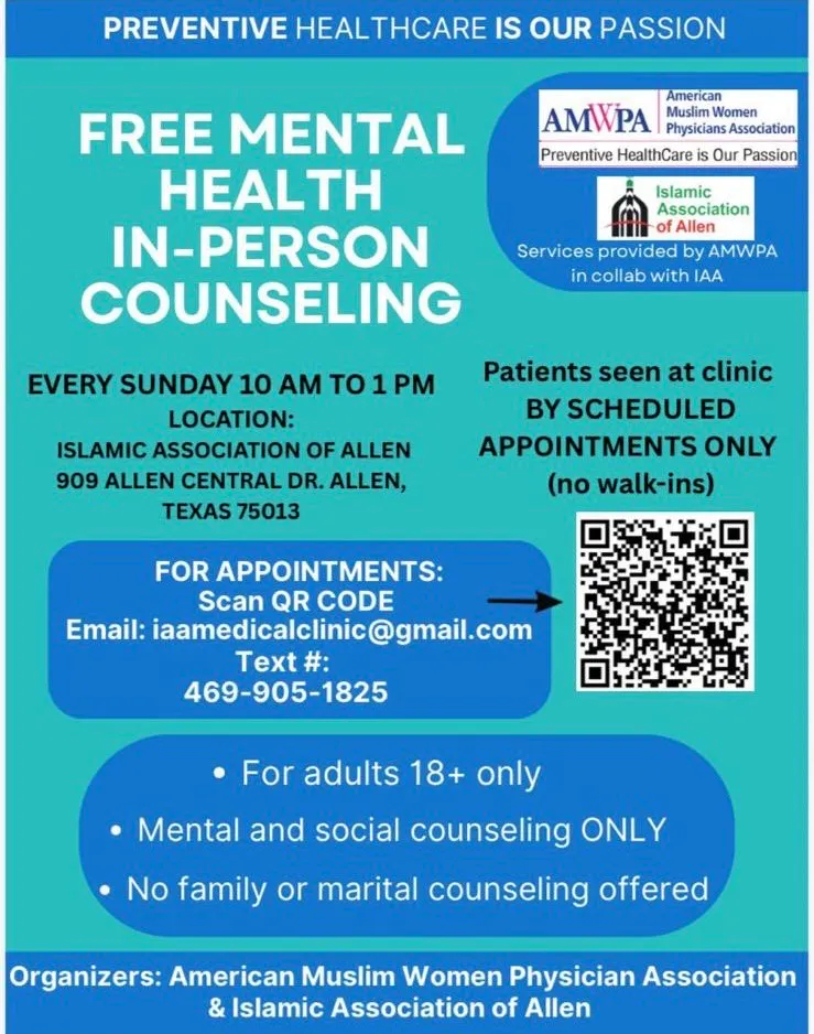 Free In-Person Mental Health Counseling at Islamic Association of Allen