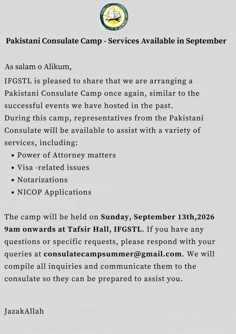 Pakistani Consulate Camp — Services Available in September