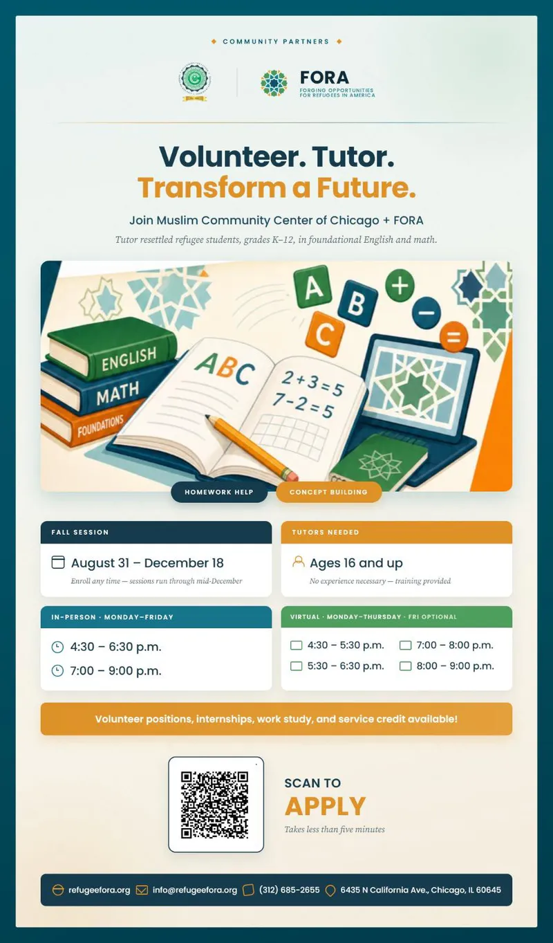 Fall Session: Volunteer Tutor for Refugee Students (MCC + FORA)